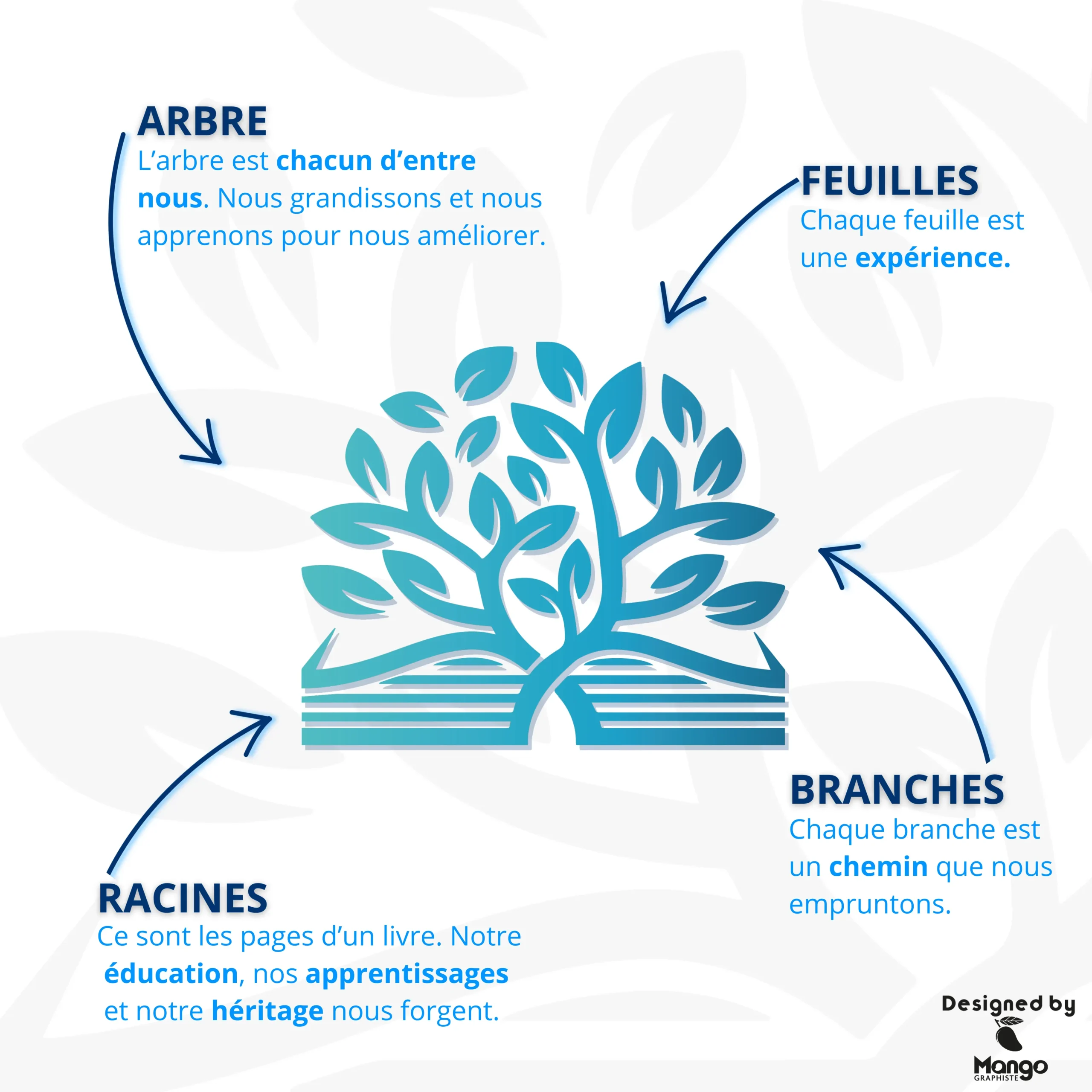 Schéma explicatif de l'arbre Ta'iara : racines, branches et feuilles